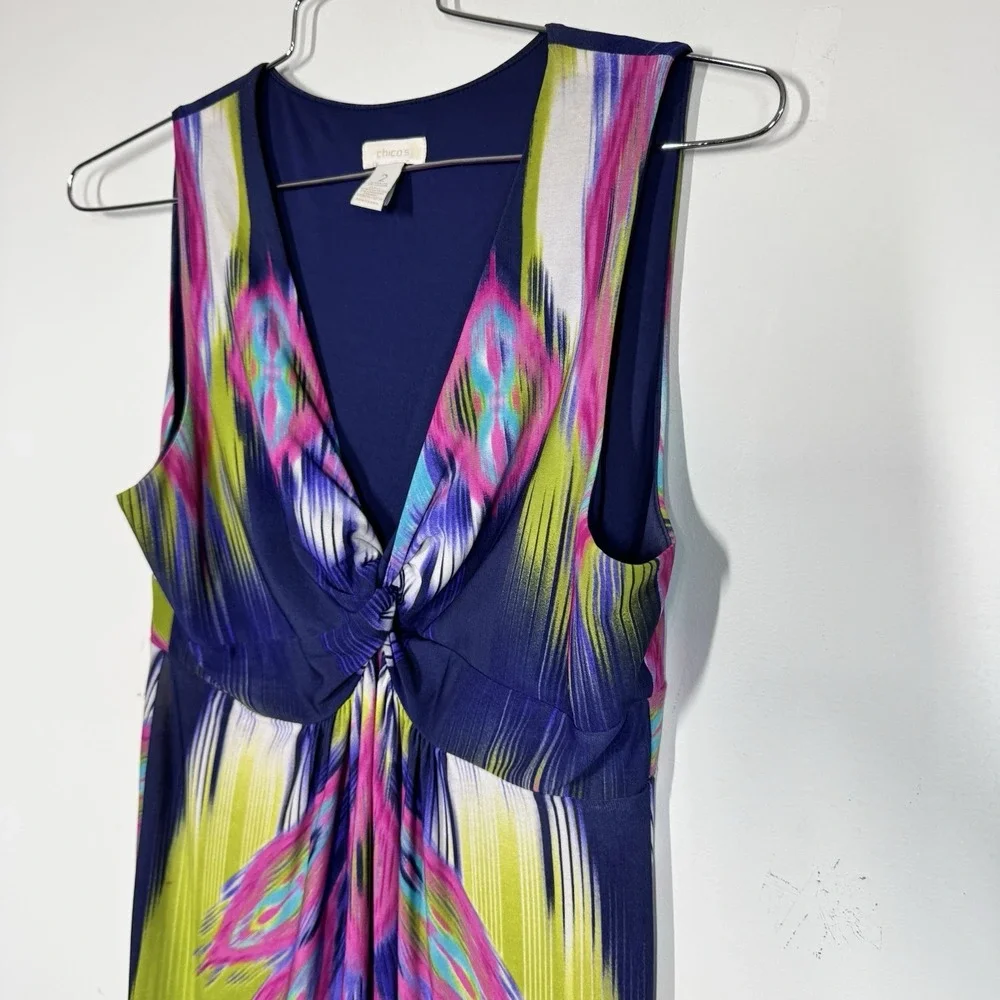 Chicos Sleeveless Ikat Print Twist Front V-Neck Maxi Dress Multicolor Womens L - Picture 5 of 13